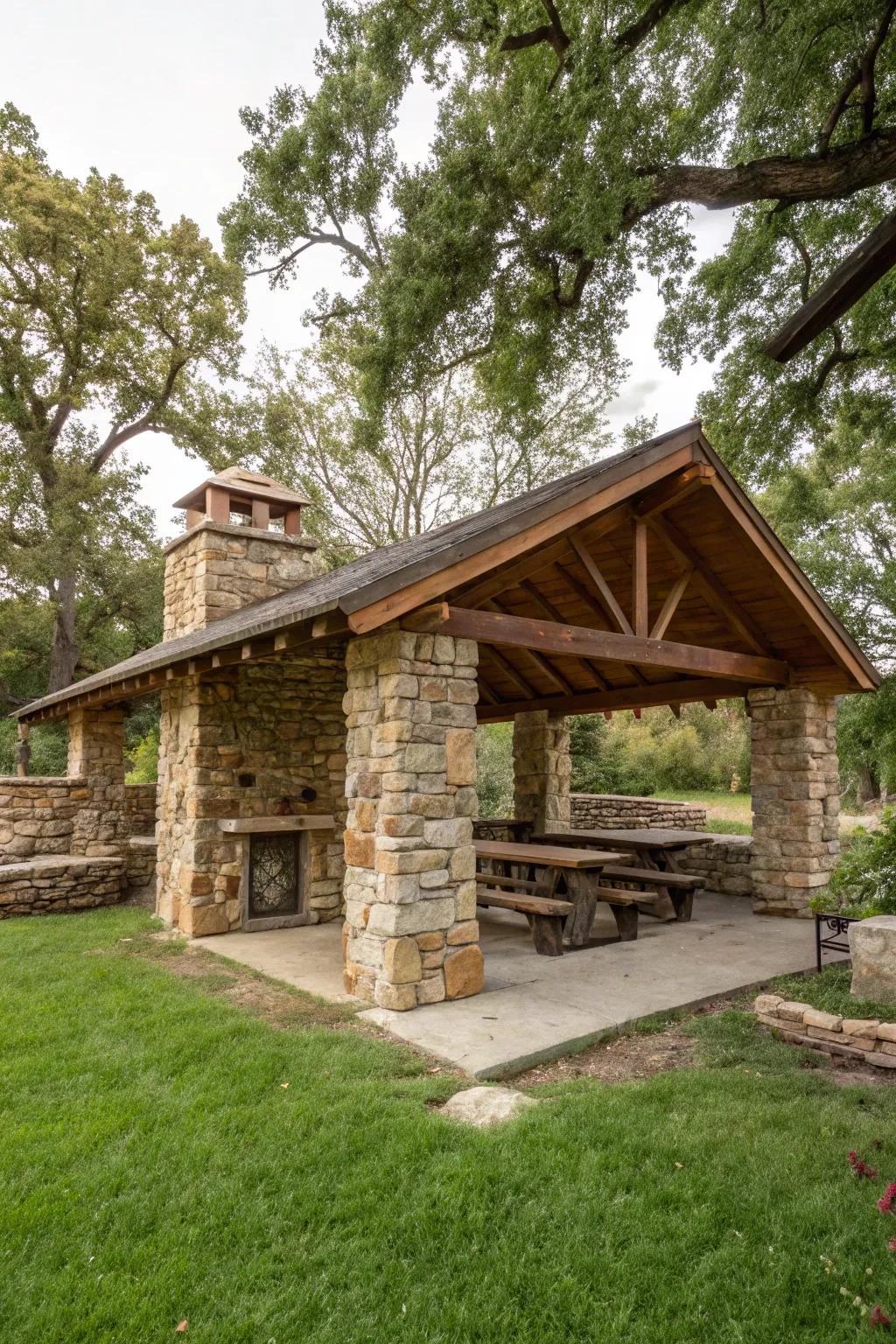 Stone and wood blend beautifully for a rustic and timeless shelter.