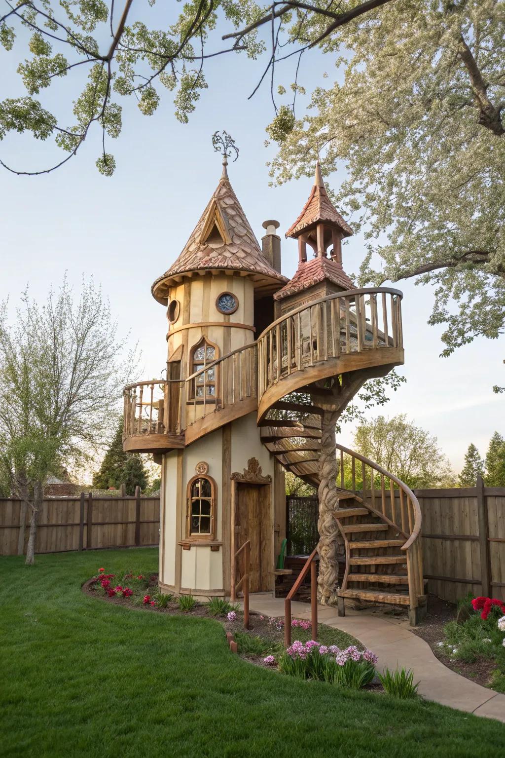 A fairy tale tower playhouse offers a majestic escape.