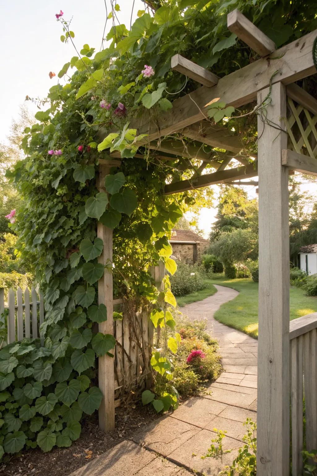 A vine-covered trellis offers beauty and privacy.