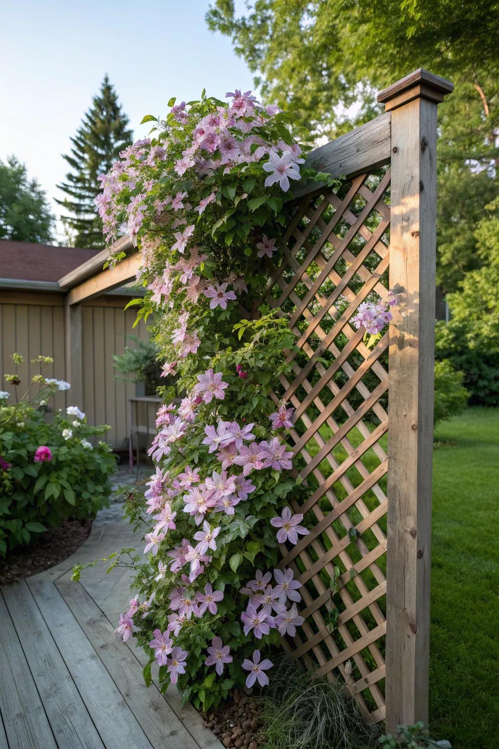 Clematis on lattice brings vibrant blooms and privacy.