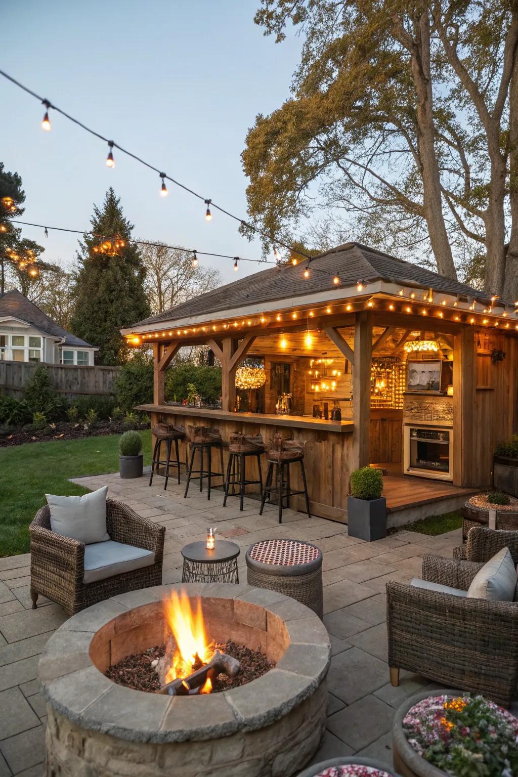 A fire pit provides warmth and a cozy gathering spot.