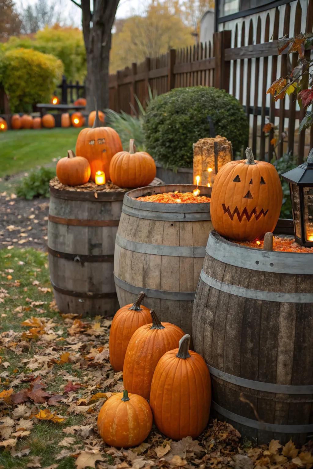 Wooden barrels elevate your pumpkins, creating varied visual levels.