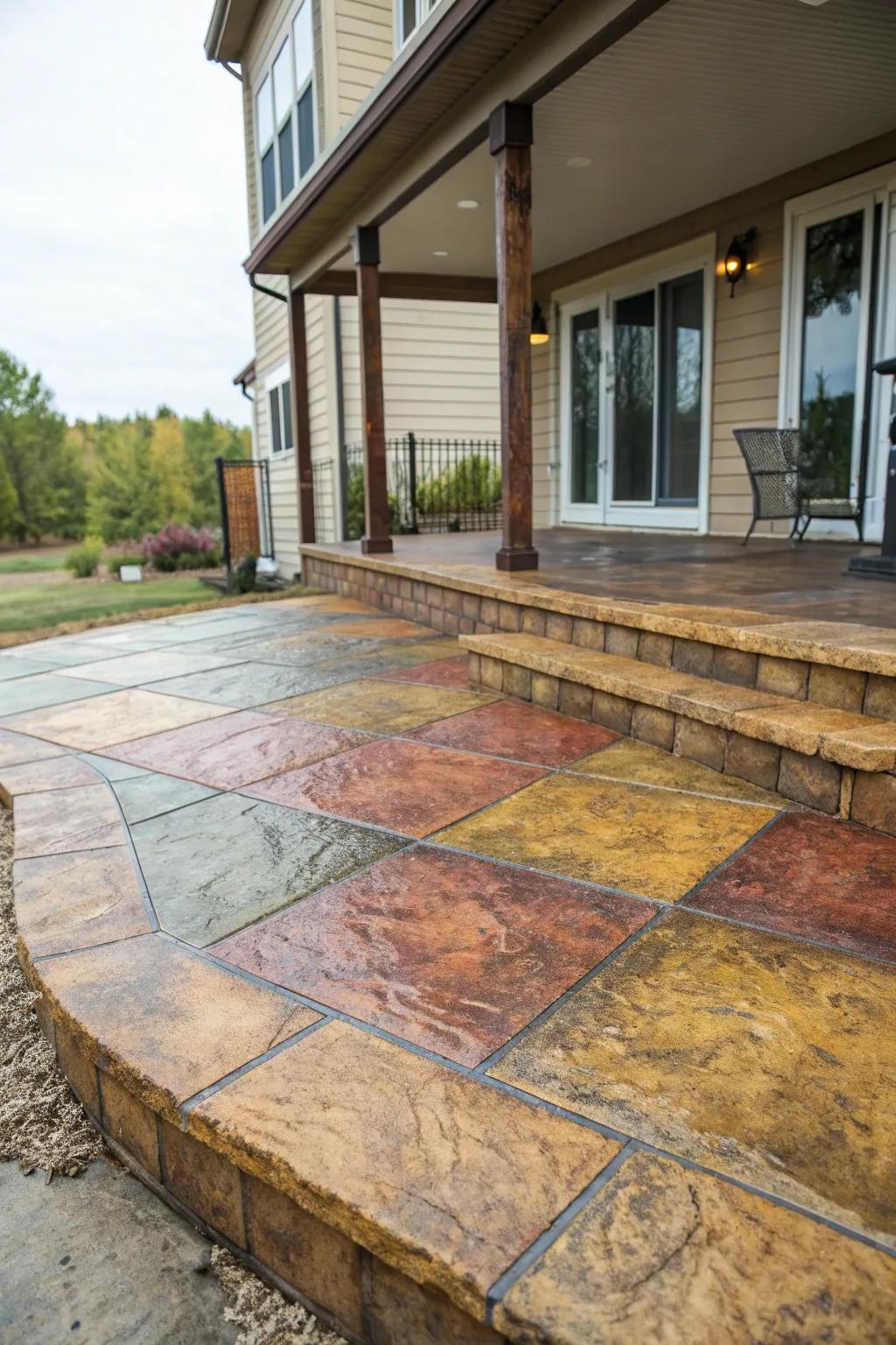 A vibrant acid-stained concrete patio.
