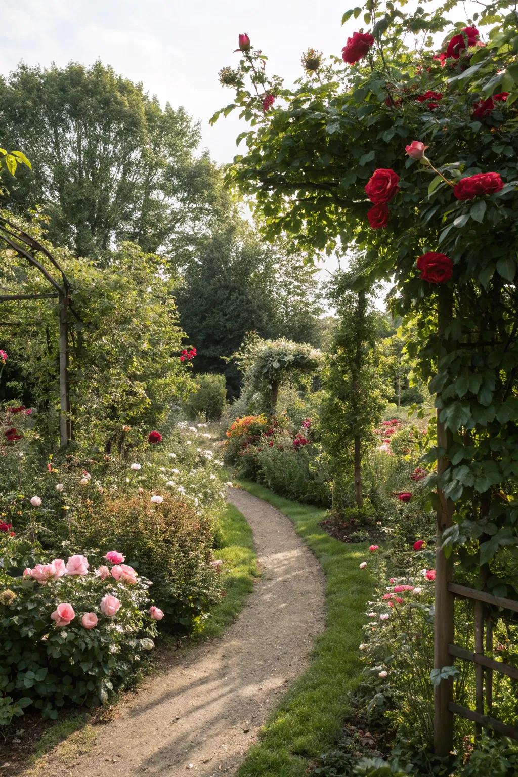 A secret garden retreat offers privacy and a sense of mystery amidst the roses.