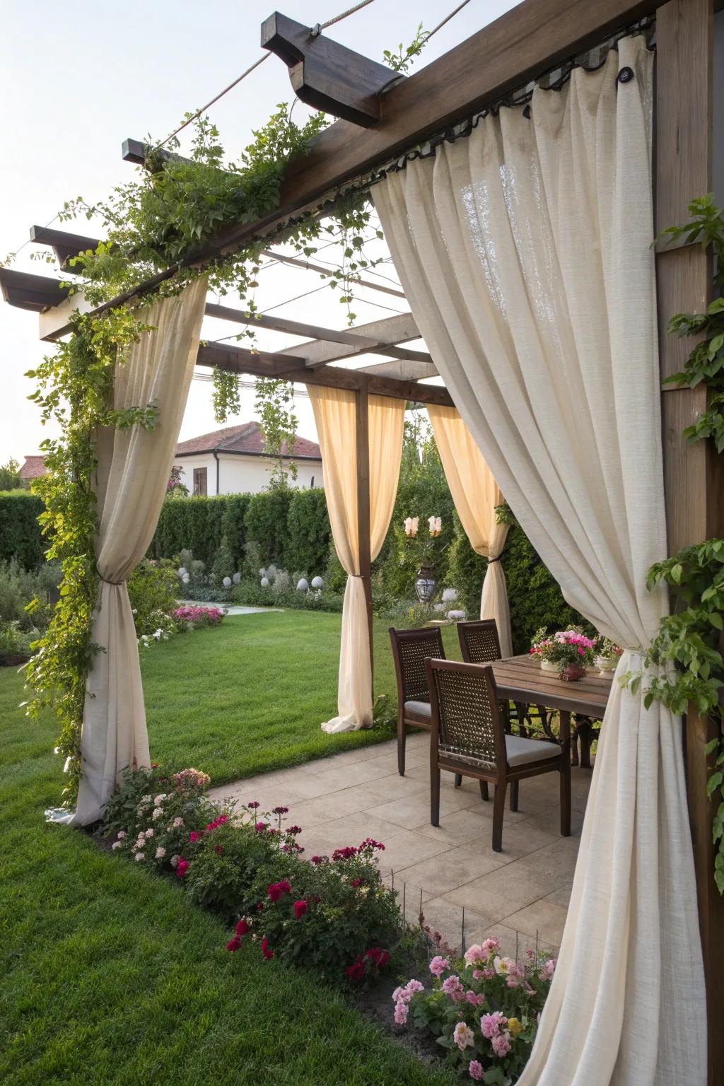 Outdoor curtains add privacy and elegance to backyard shade.