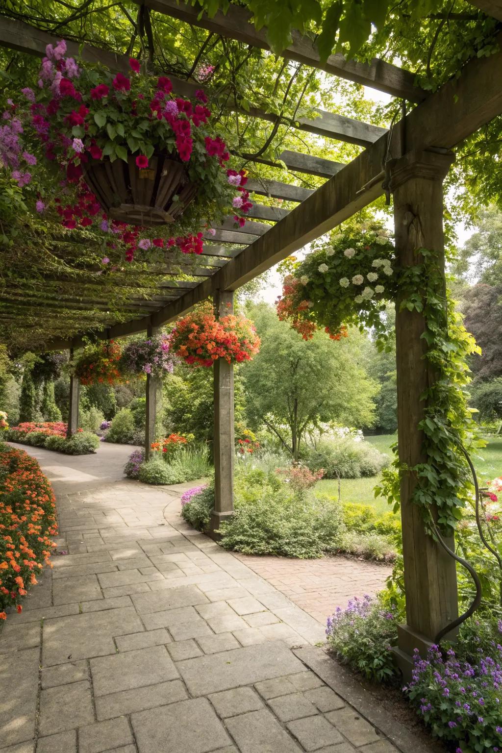 Hanging plants under a pergola create a tranquil oasis.