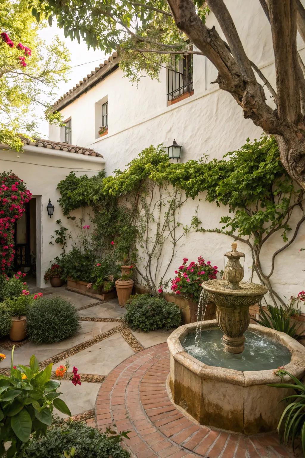 Create a courtyard oasis with greenery and soothing water features.
