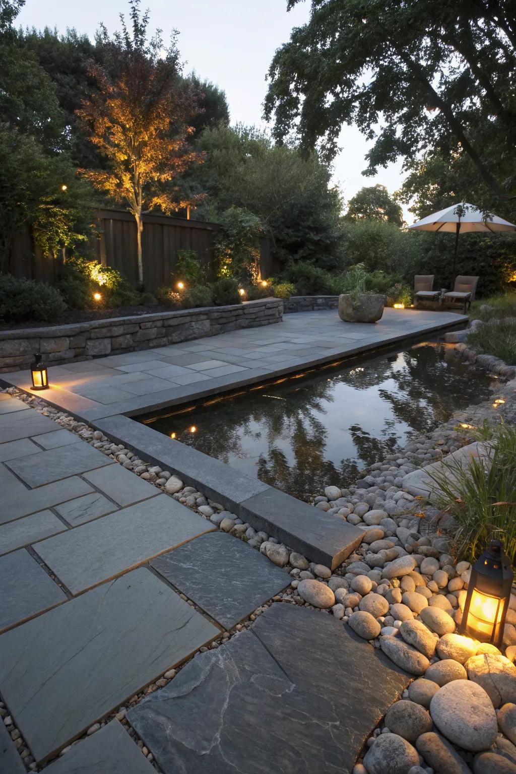 A reflective water feature adds tranquility to the stone patio.