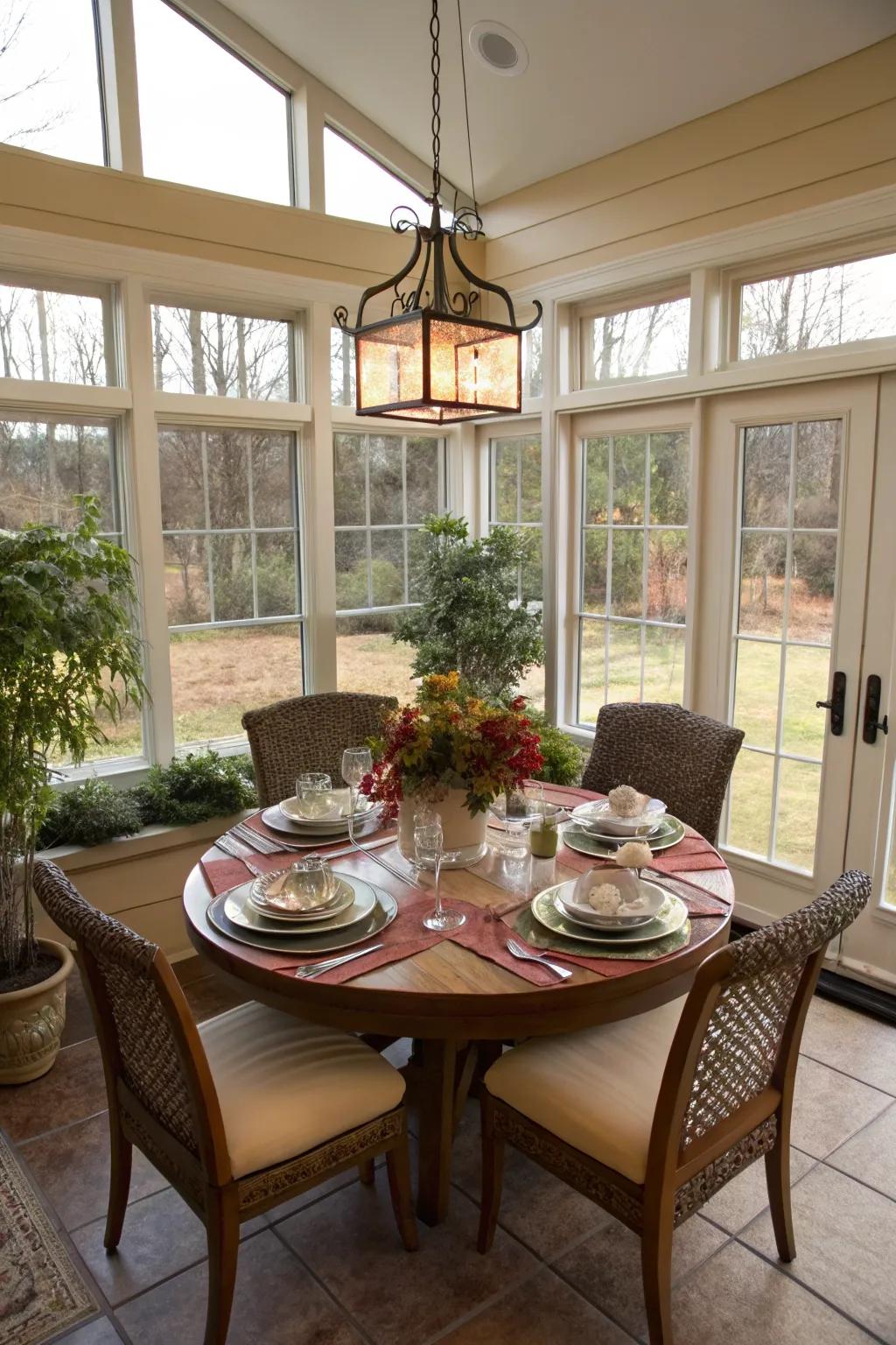 A sunroom dining area perfect for cozy meals with a view.