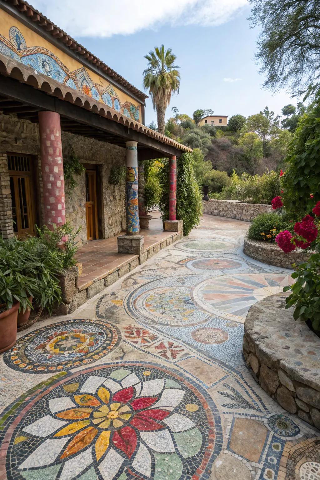 Mosaic stone surfaces add artistic flair to your outdoor space.