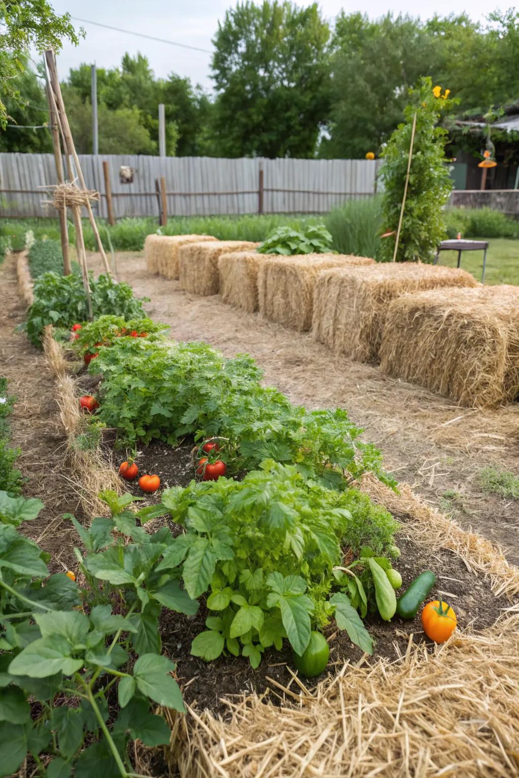 Innovative straw-bale gardening presenting a sustainable planting option.