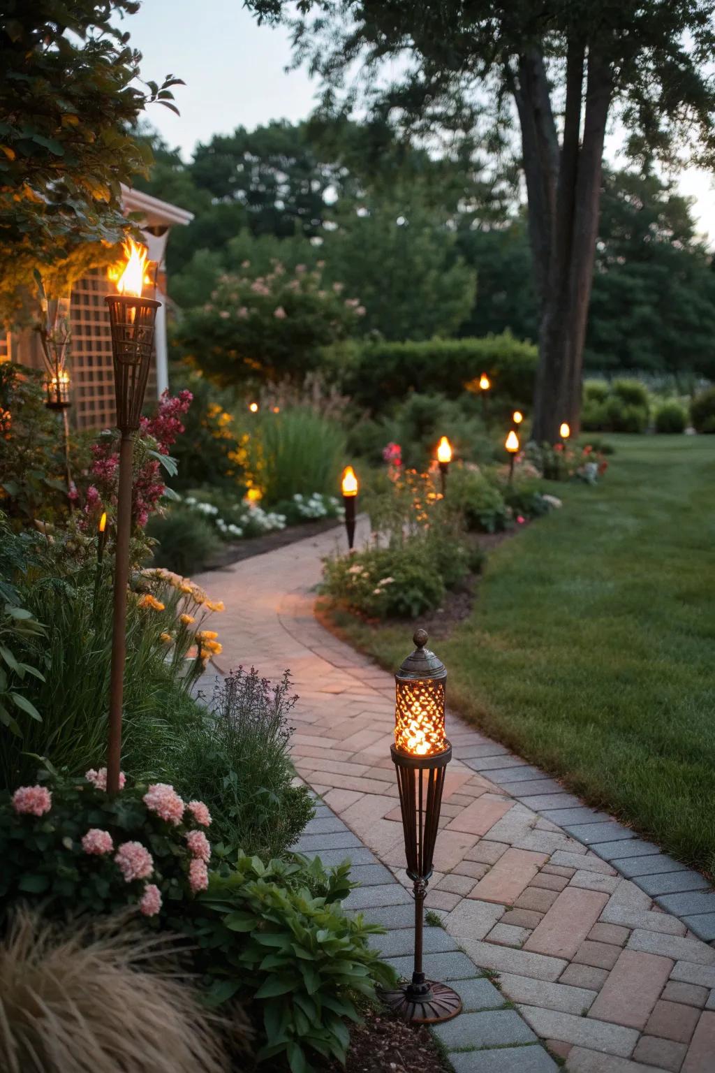 Pathway torches offer a dramatic and tropical flair to outdoor spaces.
