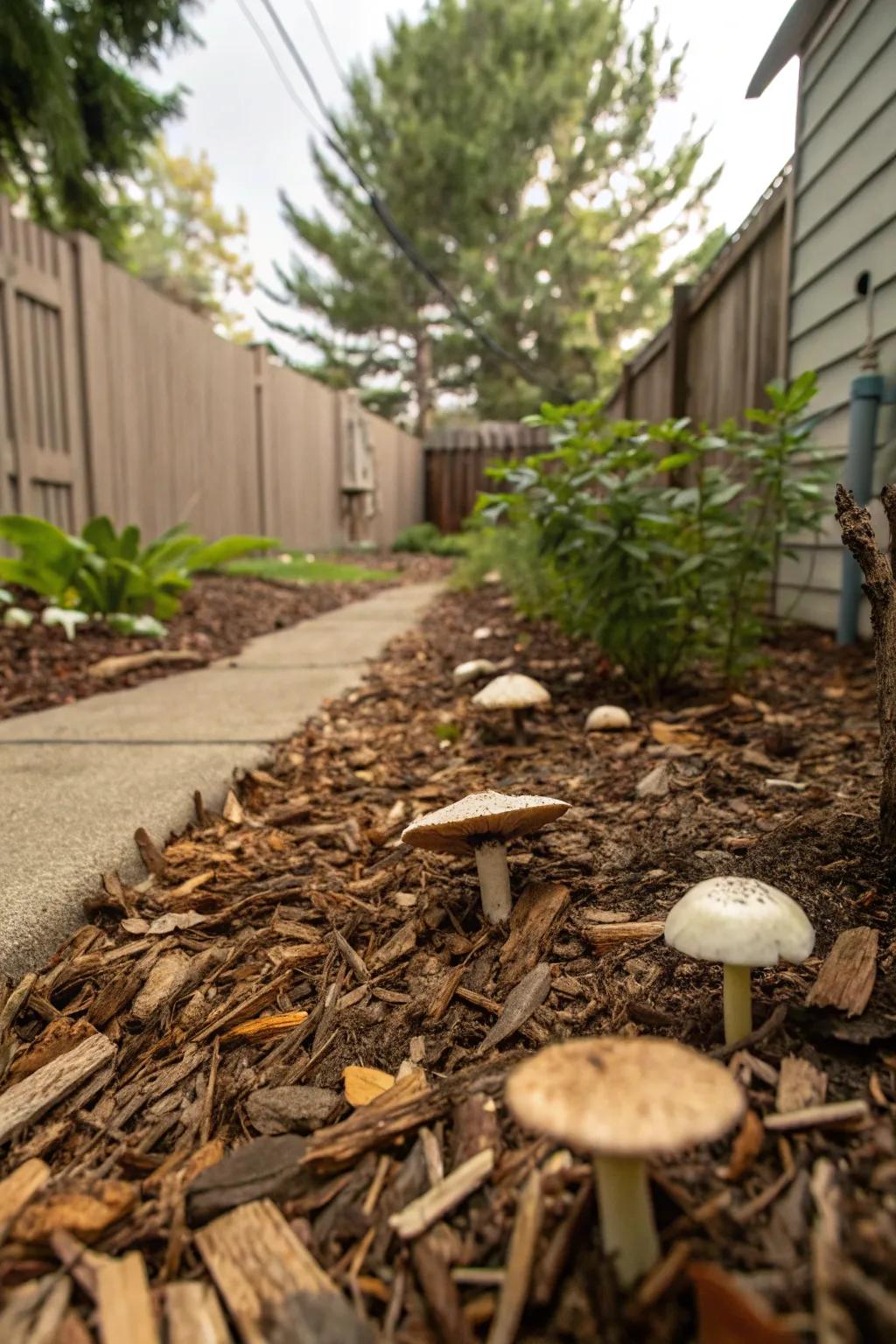 A whimsical mushroom garden nurtured by wood chips.