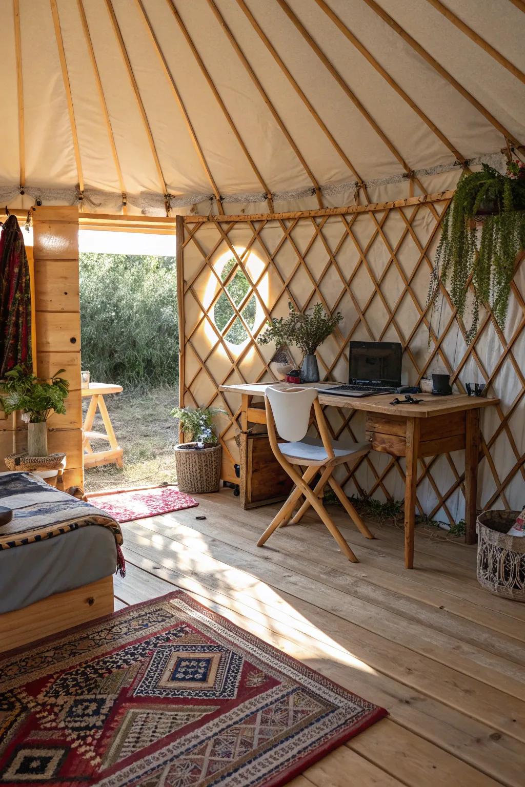 A yurt designed as a serene home office escape.