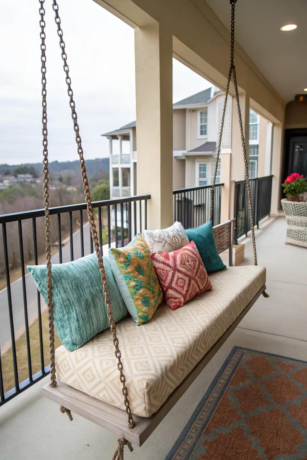 A swing bench adds whimsy and charm.