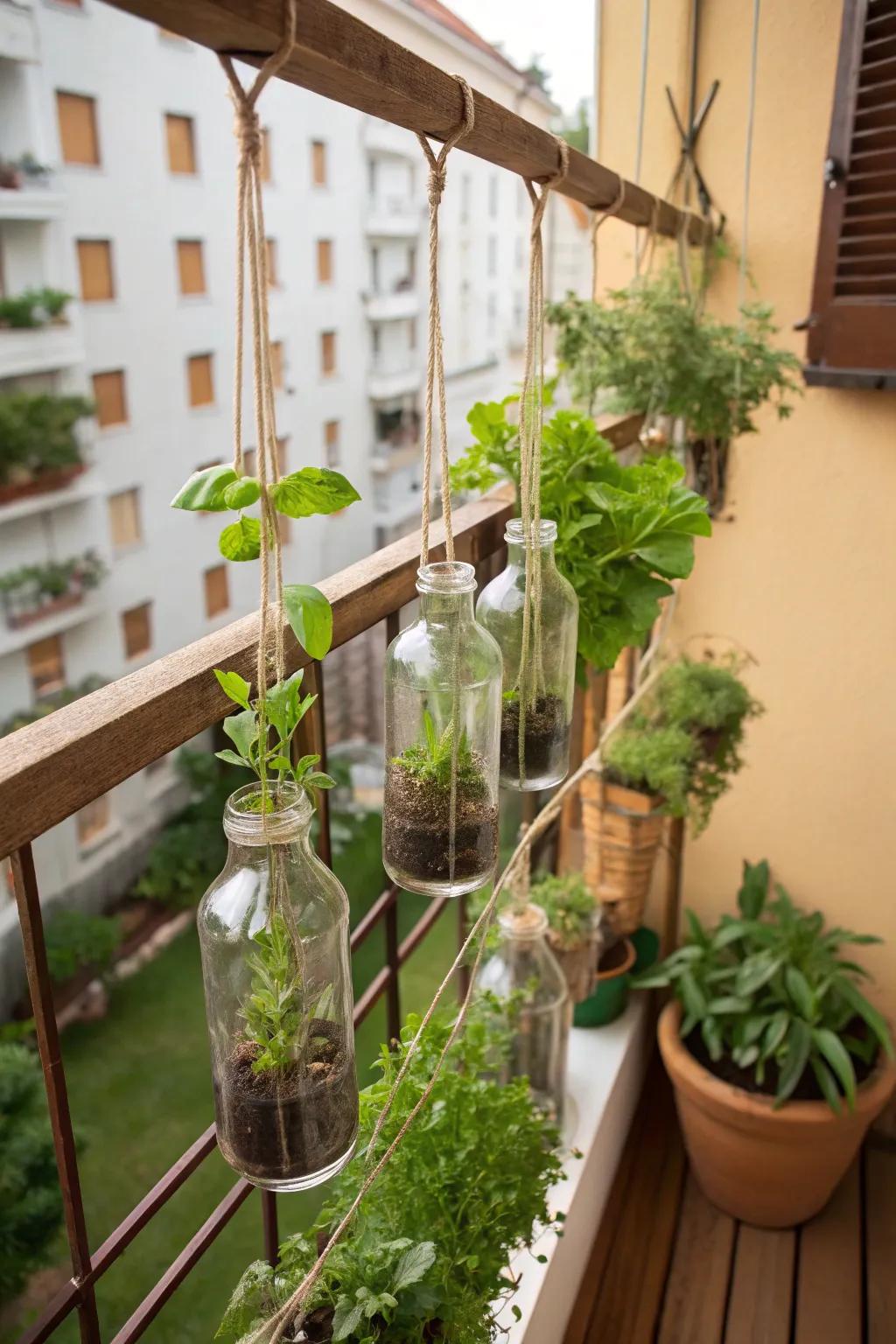 Glass bottles become a charming and sustainable herb garden.
