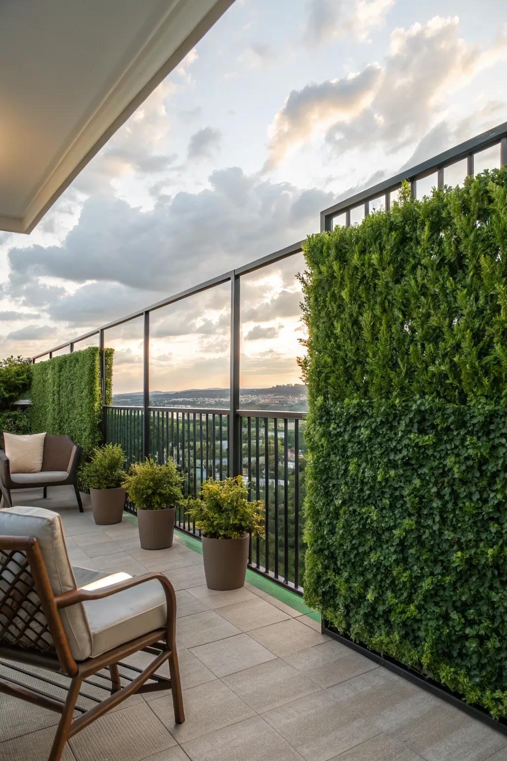 Faux foliage panels offer an effortless way to maintain a green privacy barrier.