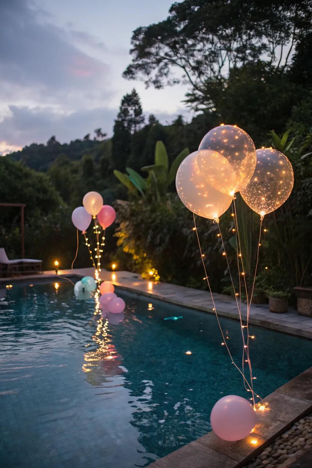 Fairy-lit balloons illuminate the pool with enchanting light.