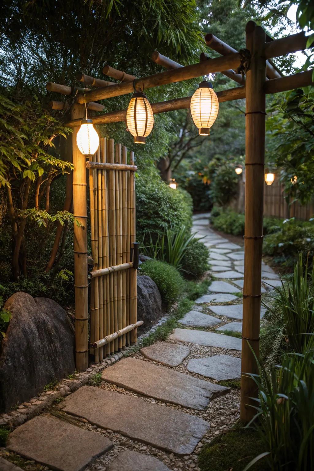 A welcoming bamboo gate with enchanting lantern accents.