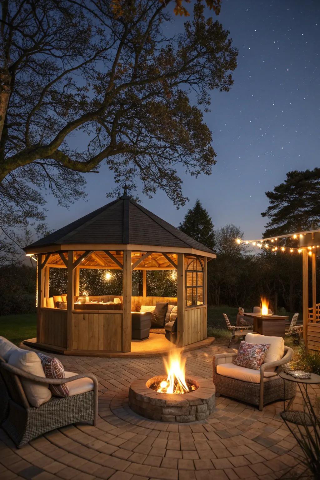 A gazebo bar with a fire feature for cozy evenings.