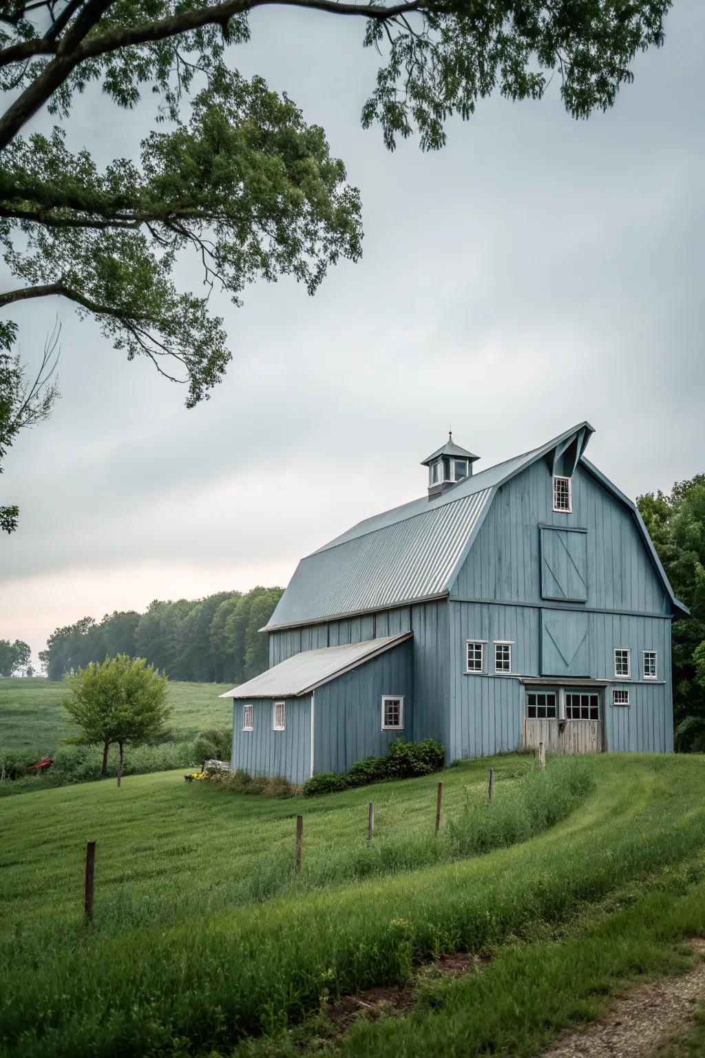 A contemporary gray-blue barn offering modern sophistication.