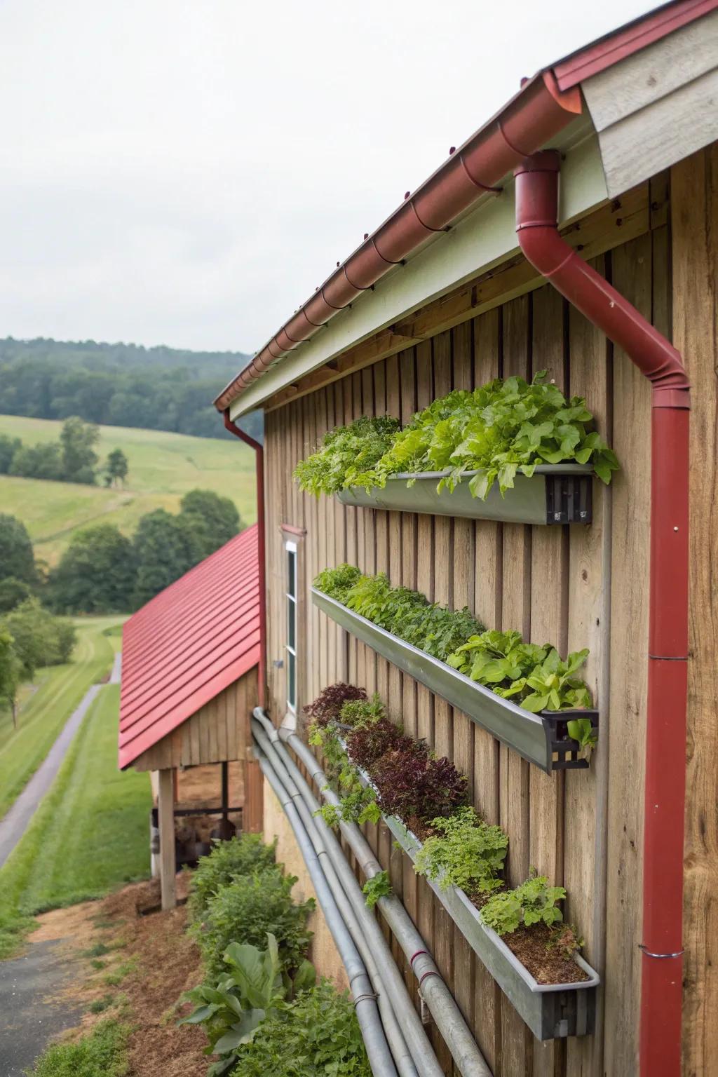 Gutters repurposed as planters create a charming vertical garden.