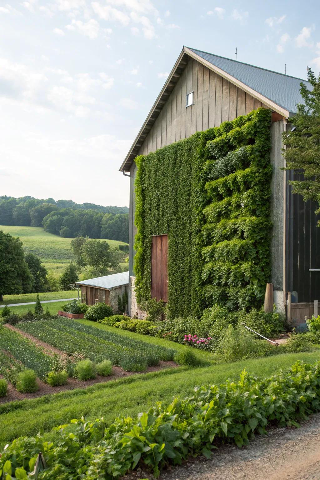 Vertical gardens turn barn walls into vibrant living canvases.