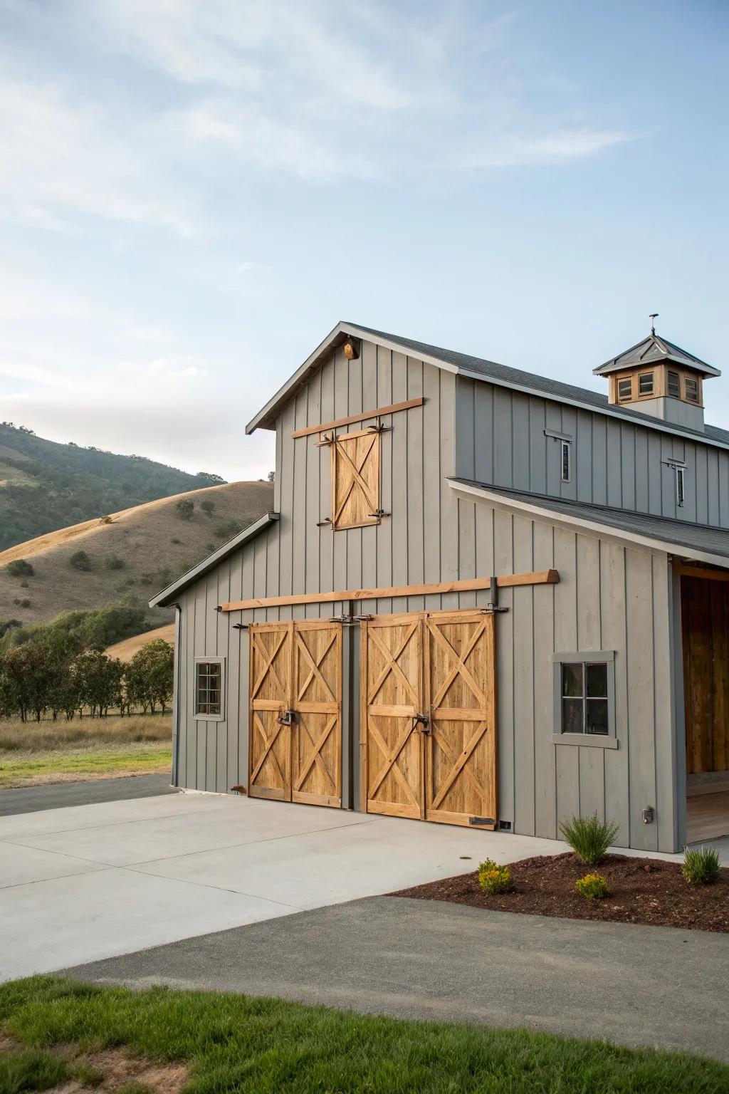 A barn painted in barnwood gray, exuding a modern yet rustic charm.