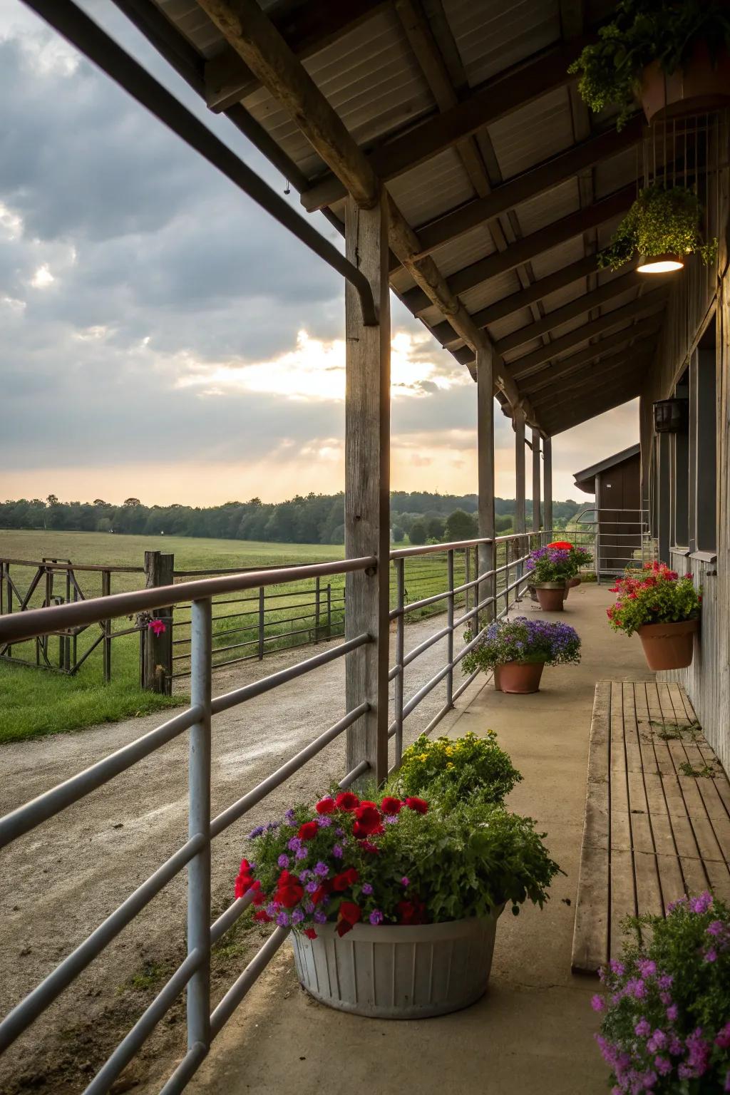 Metal railings and planters on a barn porch, providing a modern contrast.