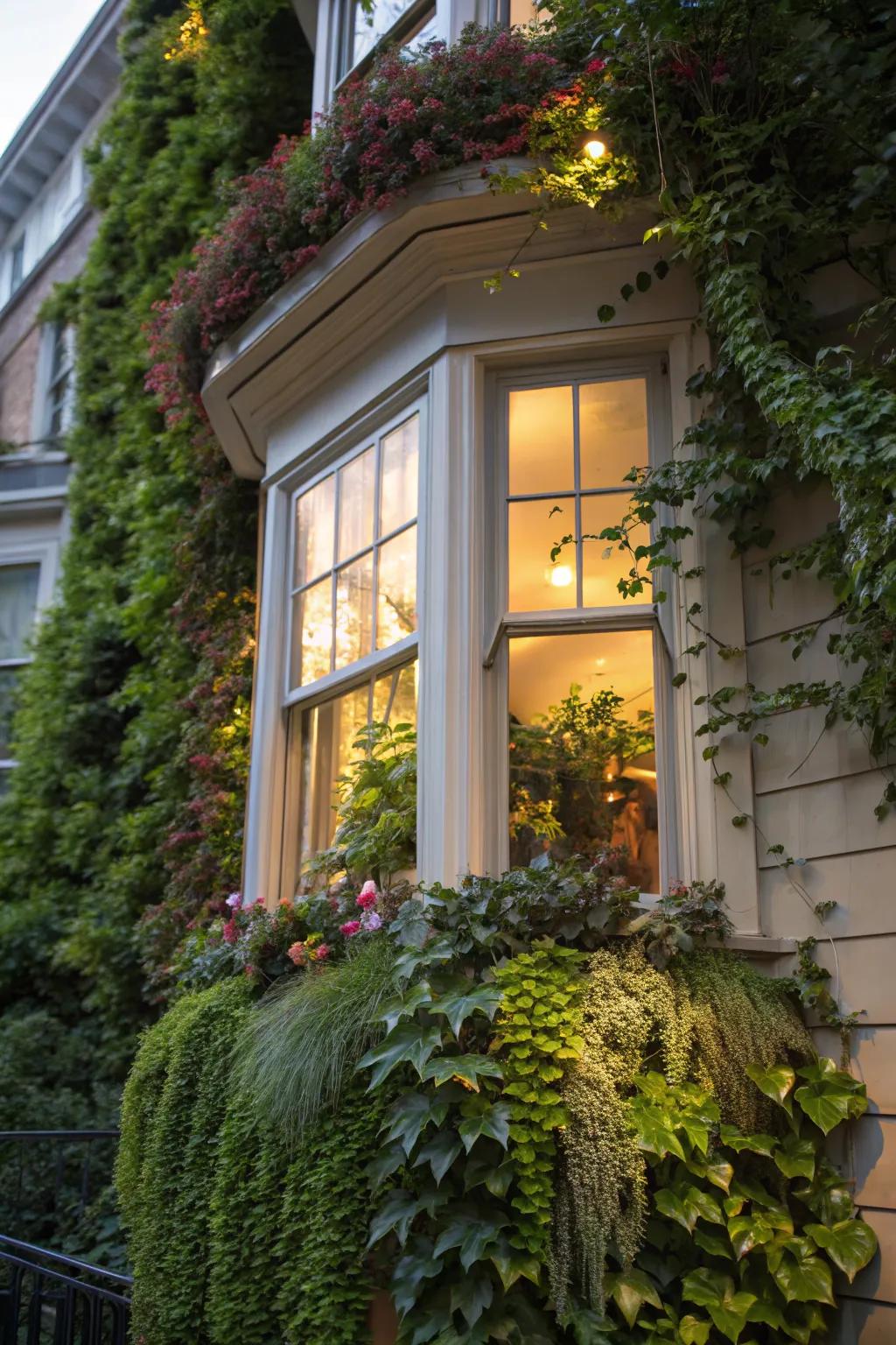 Vertical gardens transform bay windows into living art pieces.