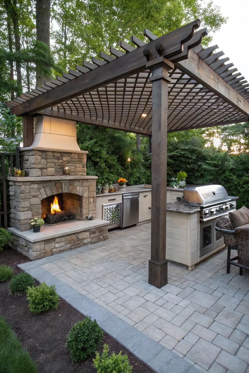 A built-in fireplace adds warmth to your pergola setting.