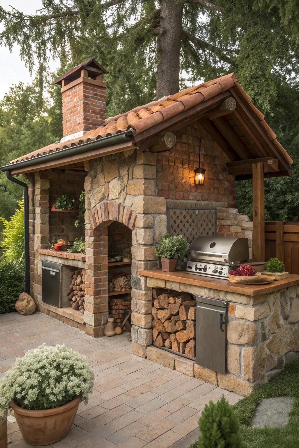 A stone and brick shed exudes timeless elegance for your BBQ setup.