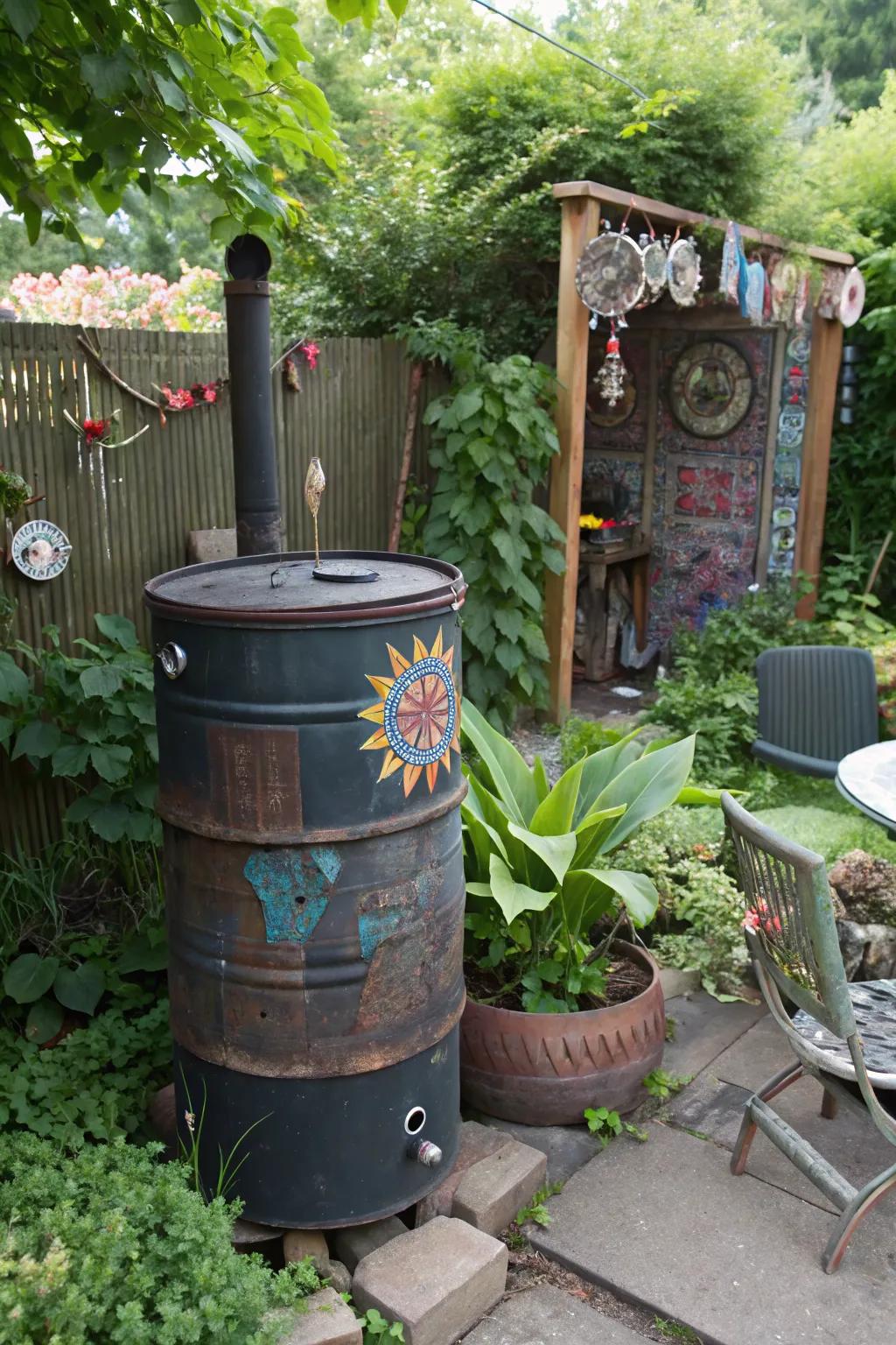 Upcycled smoker blending sustainability with BBQ fun.