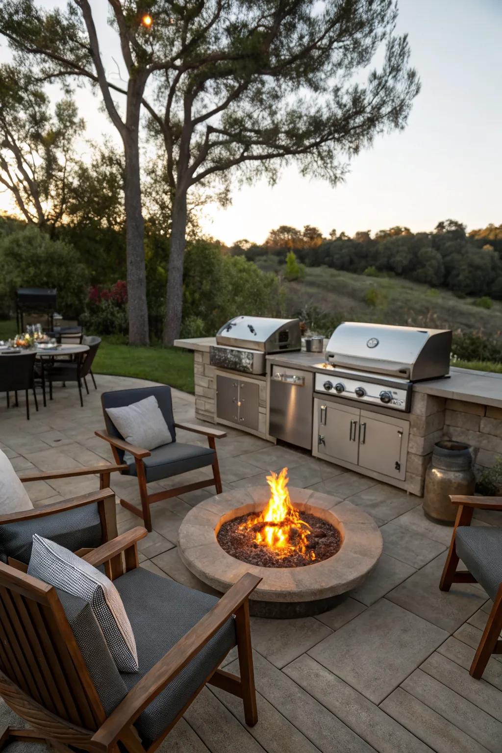 A fire pit adds warmth and a cozy gathering spot to any BBQ station.