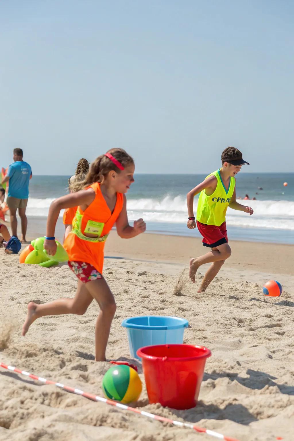 Excited kids participating in ocean-themed relay races.