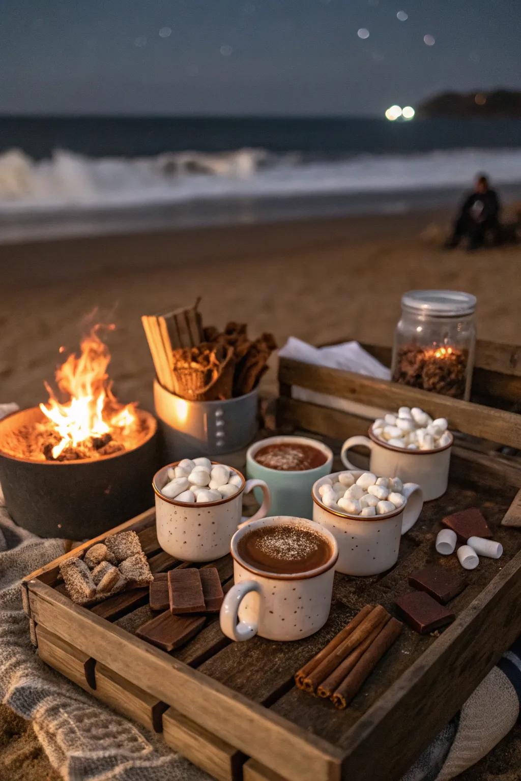 A hot cocoa bar adds warmth and sweetness to the beach bonfire.
