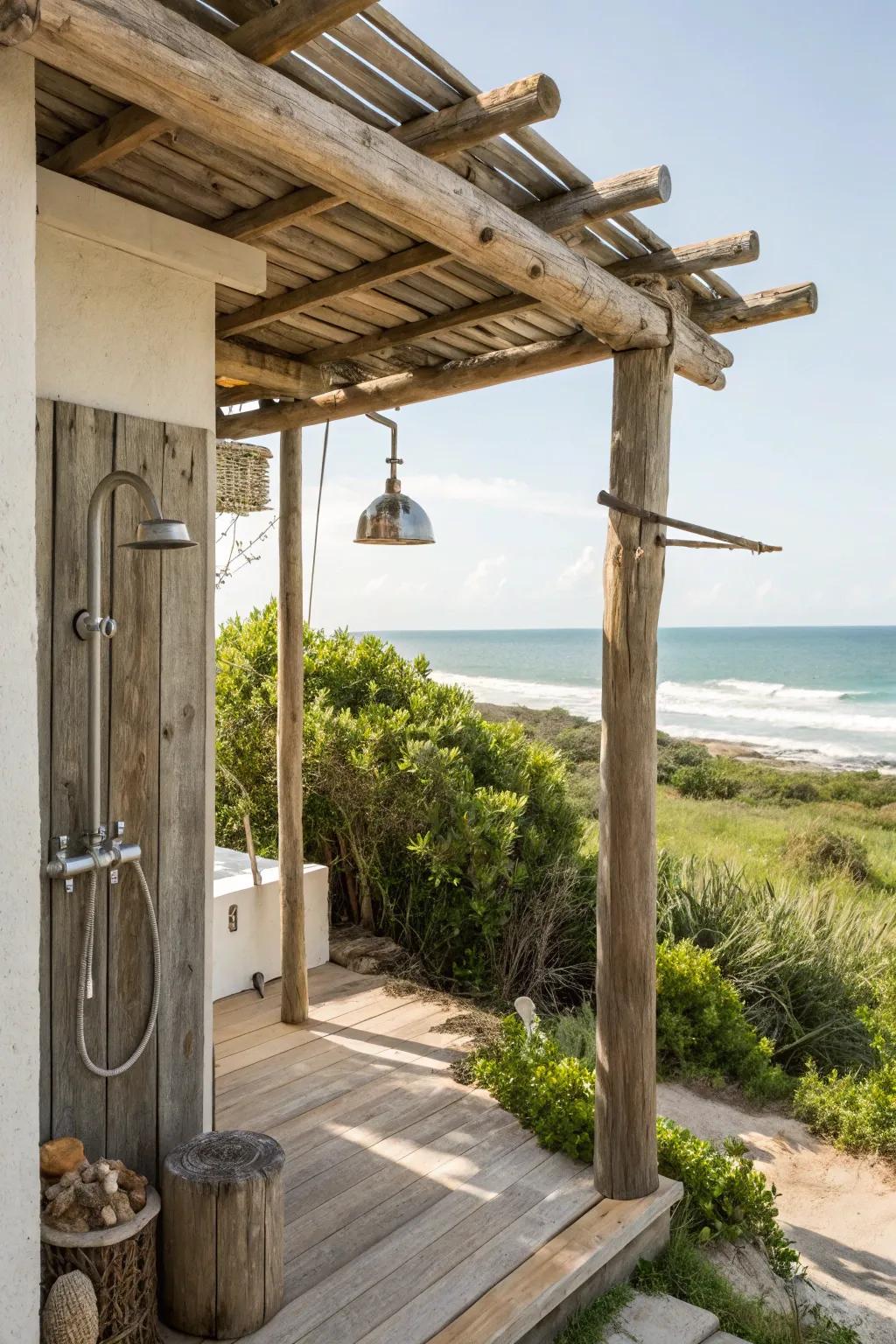 Rustic elements bring warmth and style to this outdoor shower.