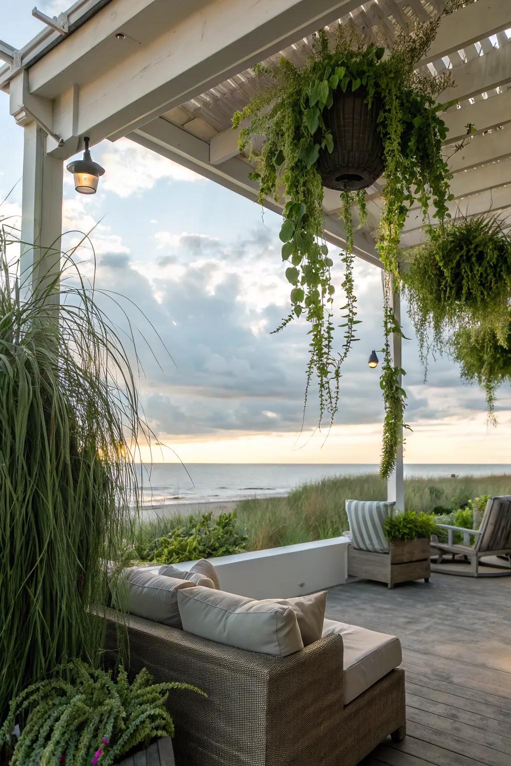 Hanging plants creating privacy and beauty on a beach house patio.