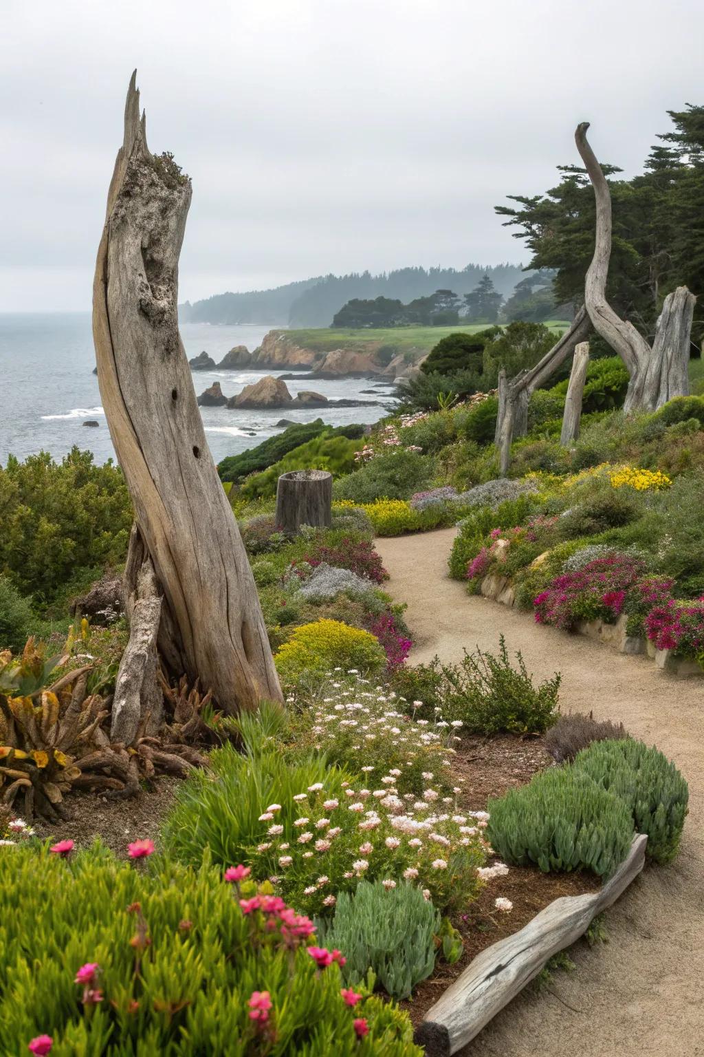 Driftwood sculptures add an artistic flair to any coastal garden.
