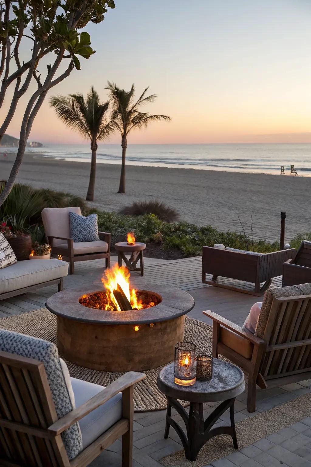 A fire pit invites cozy gatherings under the stars.