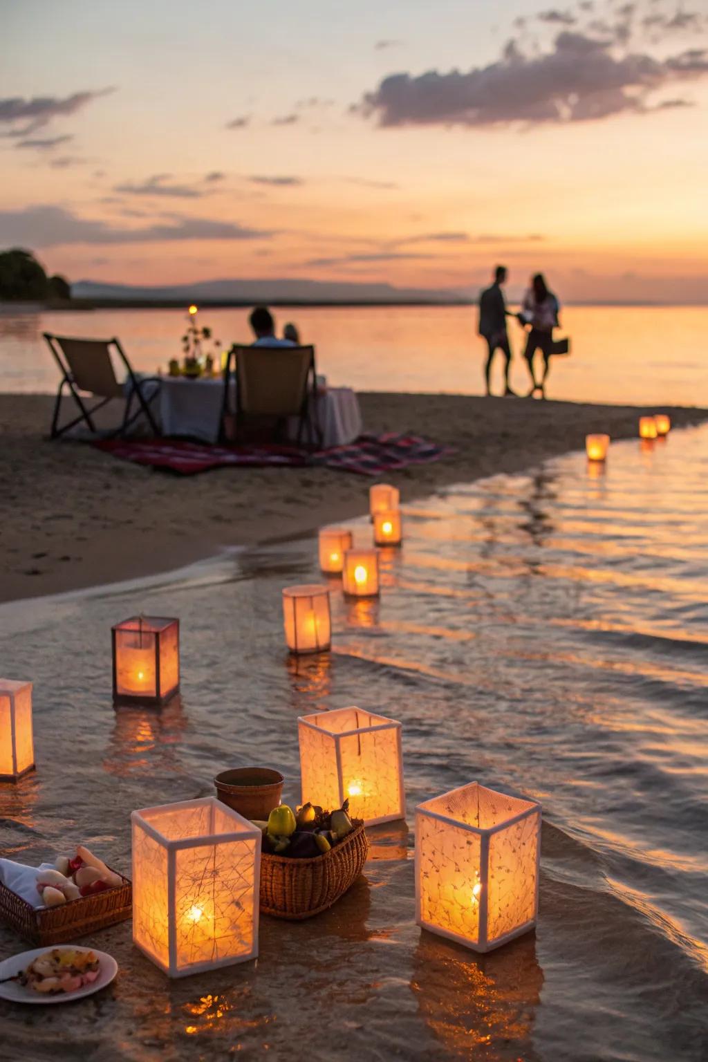 Floating lanterns add a breathtaking element to your beach picnic.