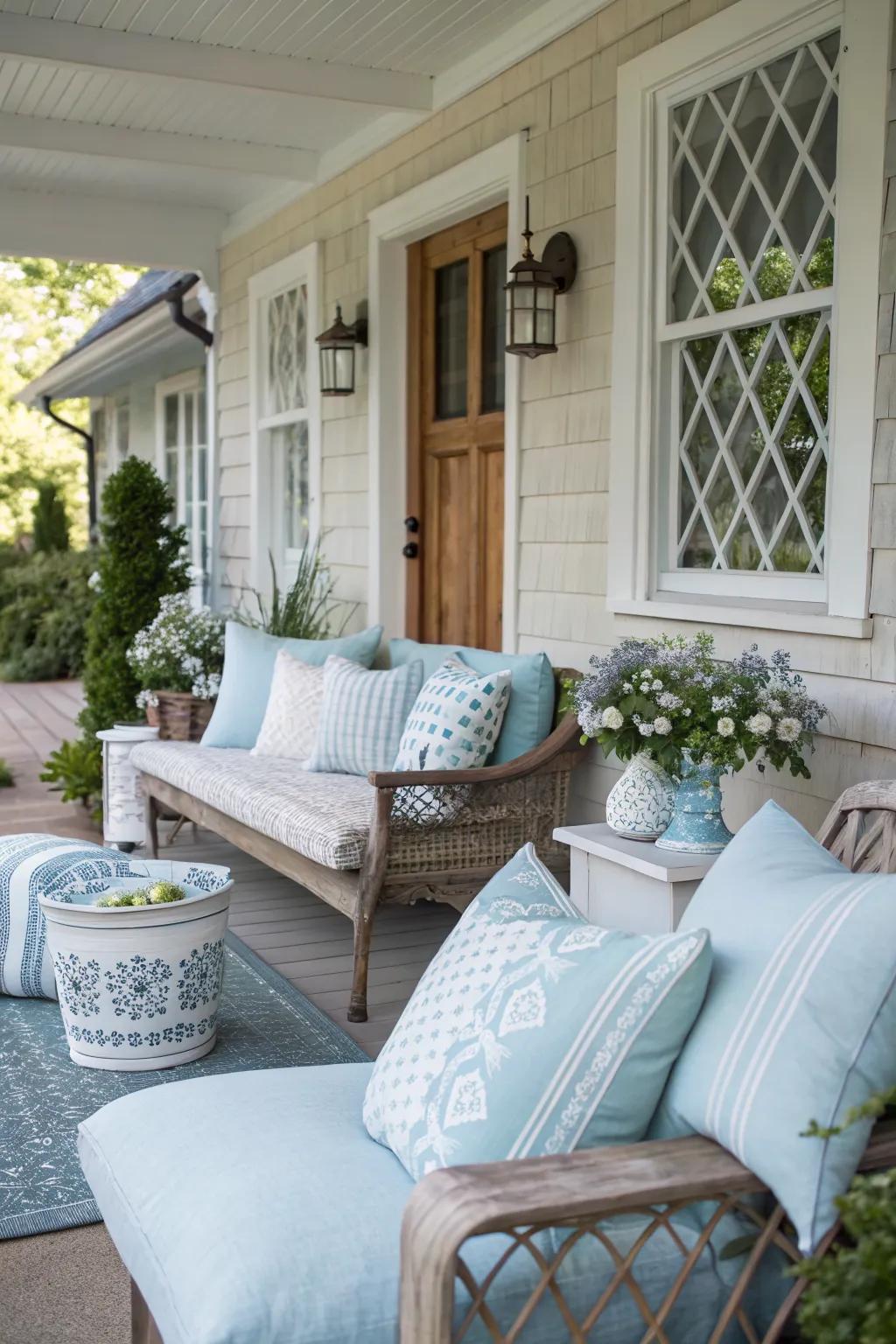 Soft blue tones create a calming beachside atmosphere.