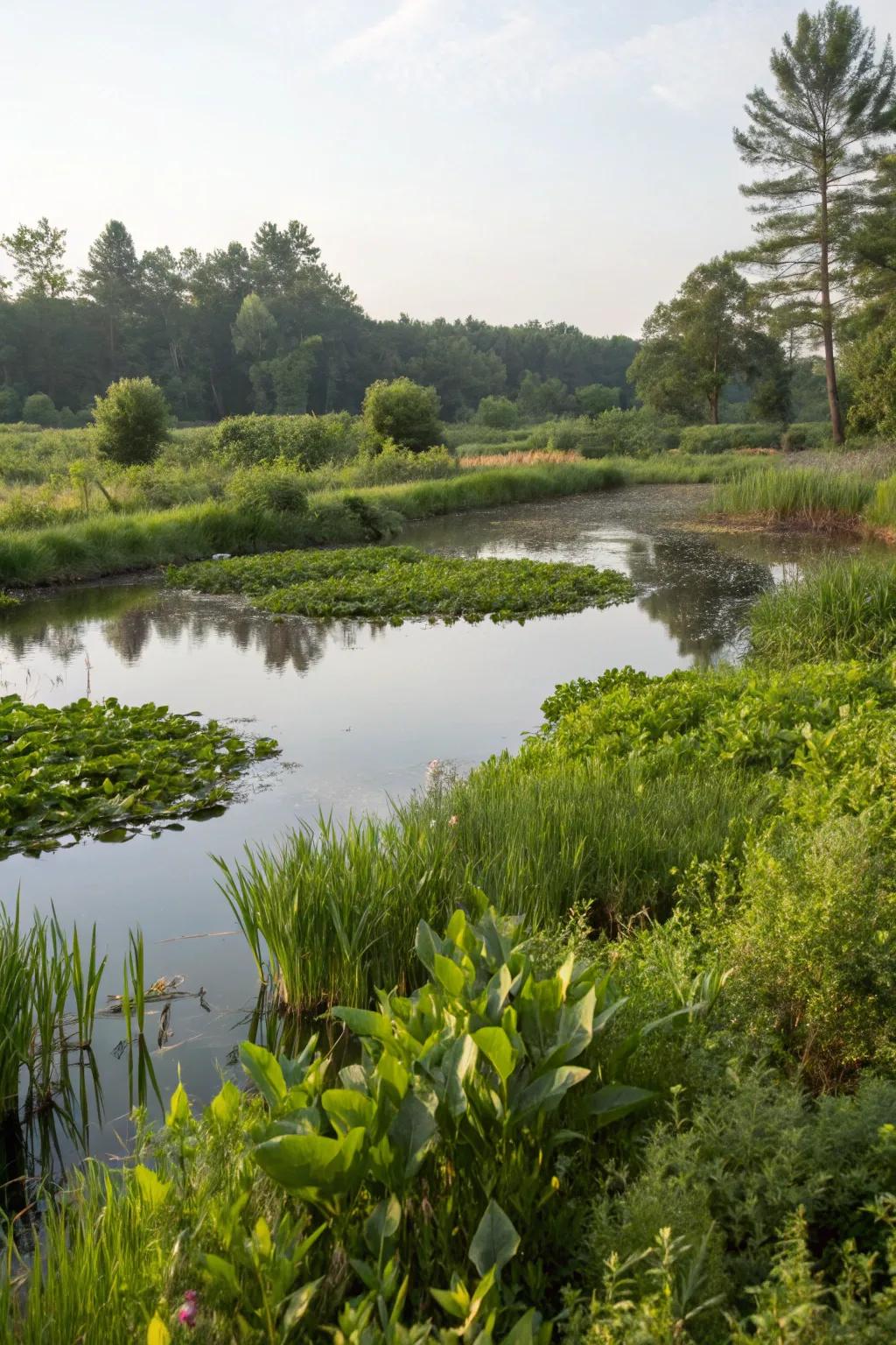 A boggy section by the pond for moisture-loving plants adds diversity.