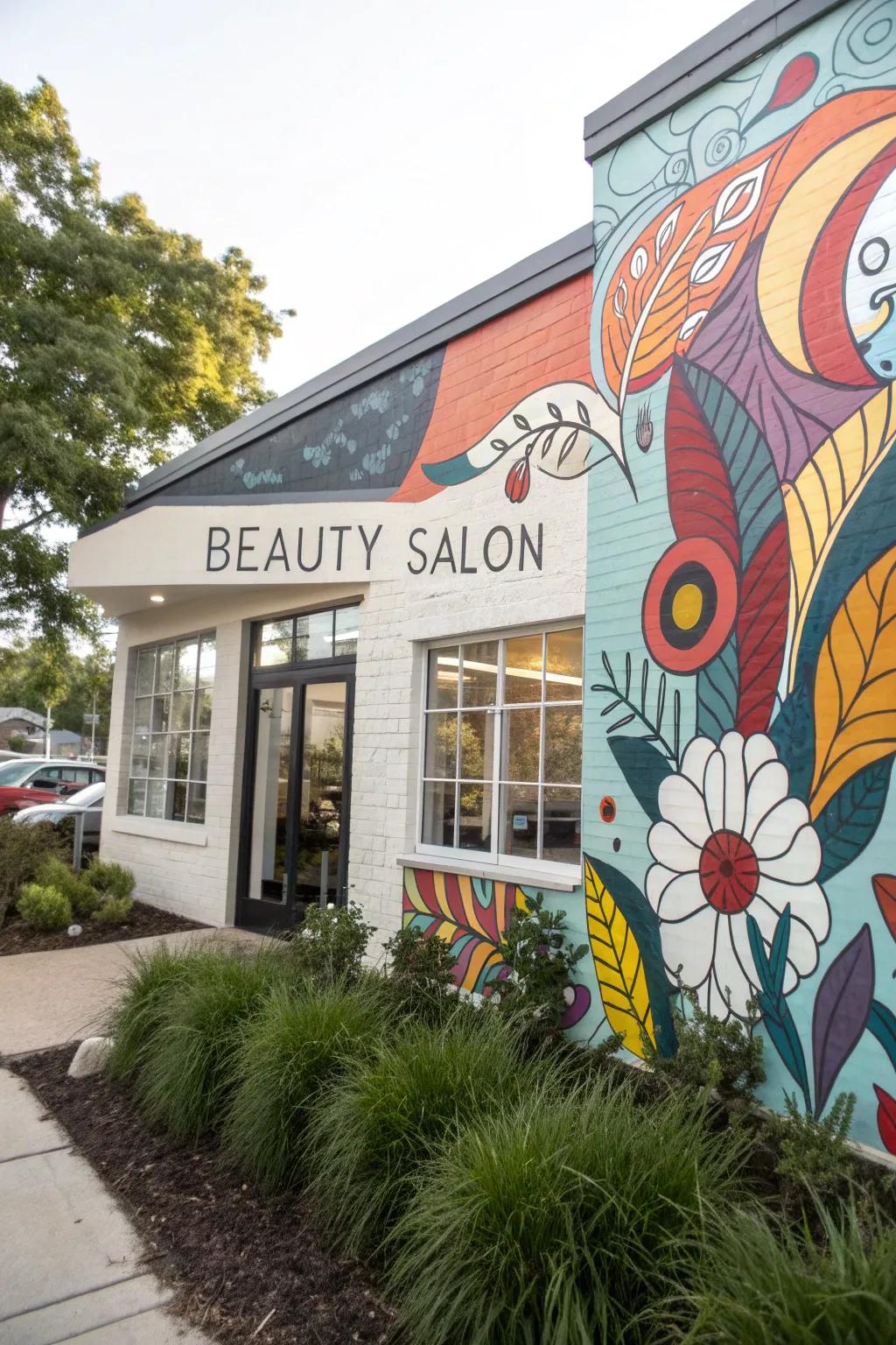 A beauty salon with an eye-catching artistic mural adorning its exterior.