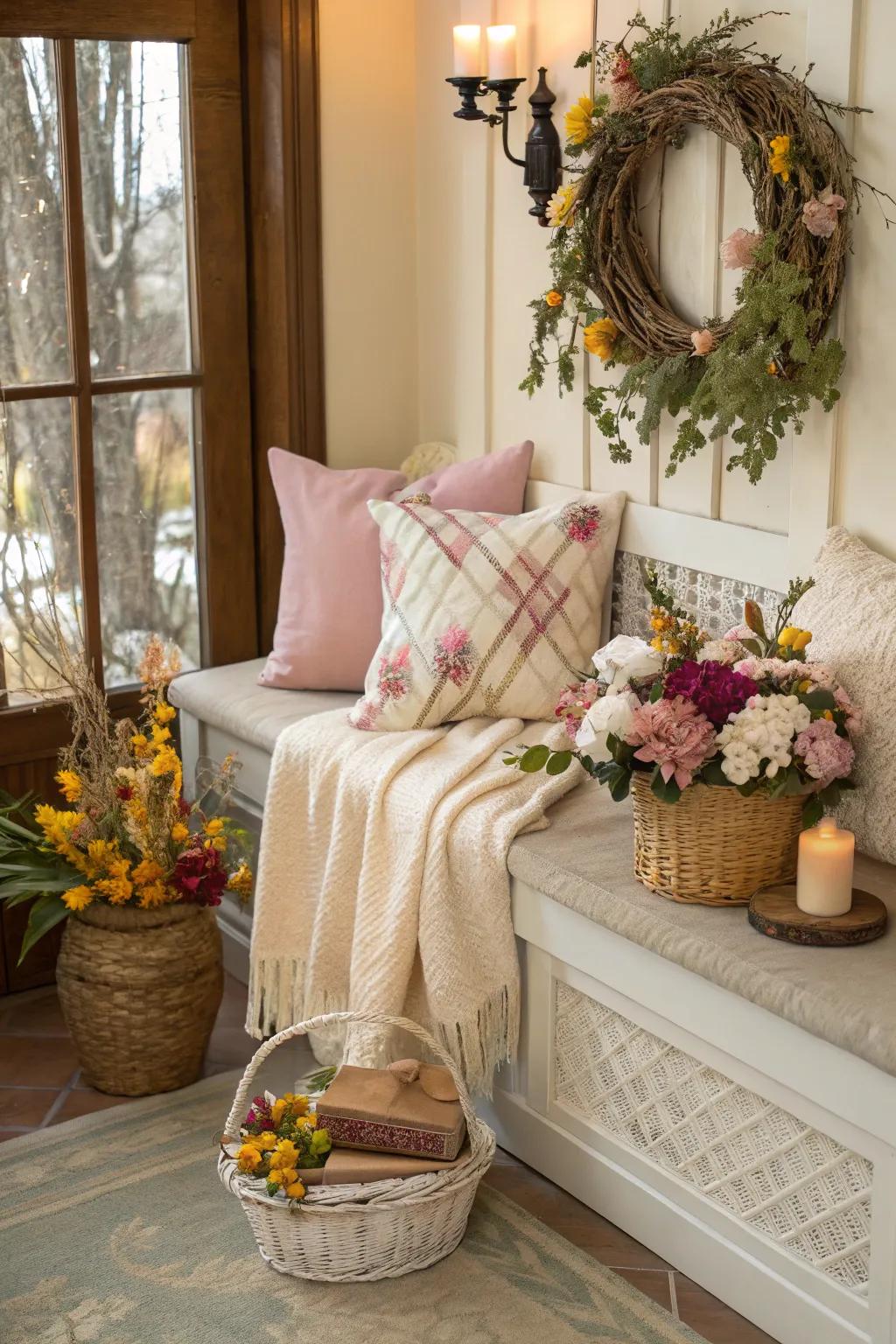 Seasonal swaps keep this bench decor fresh and inviting.