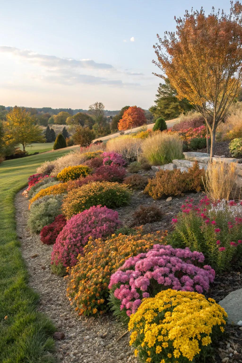Seasonal themes reflected in a garden berm's planting.
