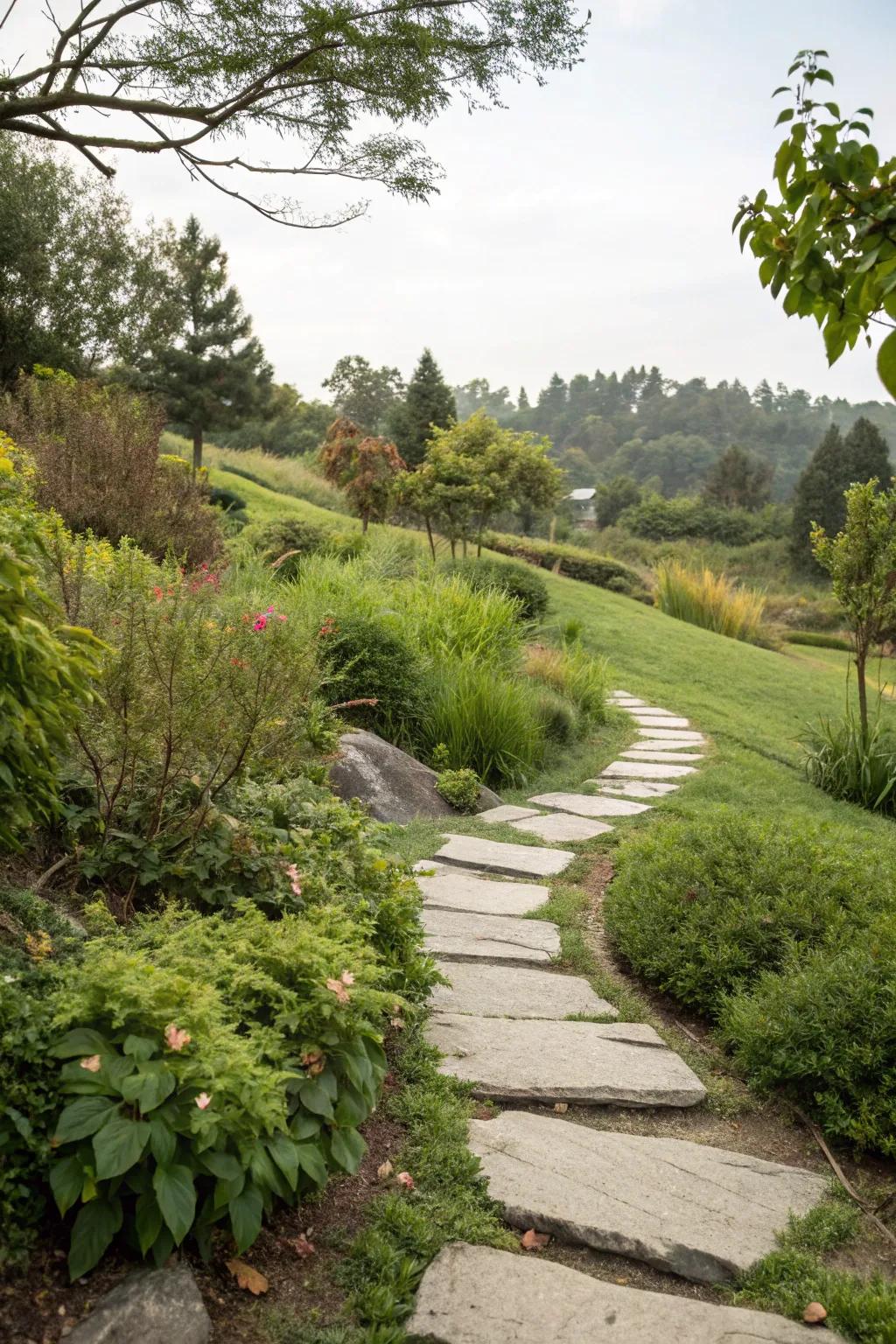 A winding pathway invites exploration and adds functionality to this lush berm.