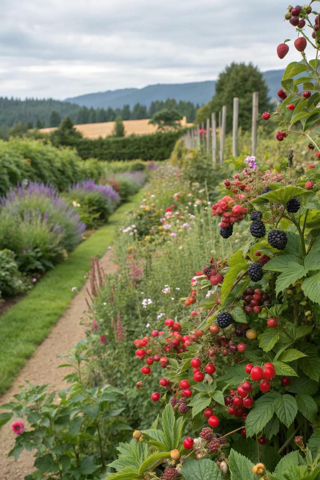 A diverse berry garden enriched with companion herbs and flowers.