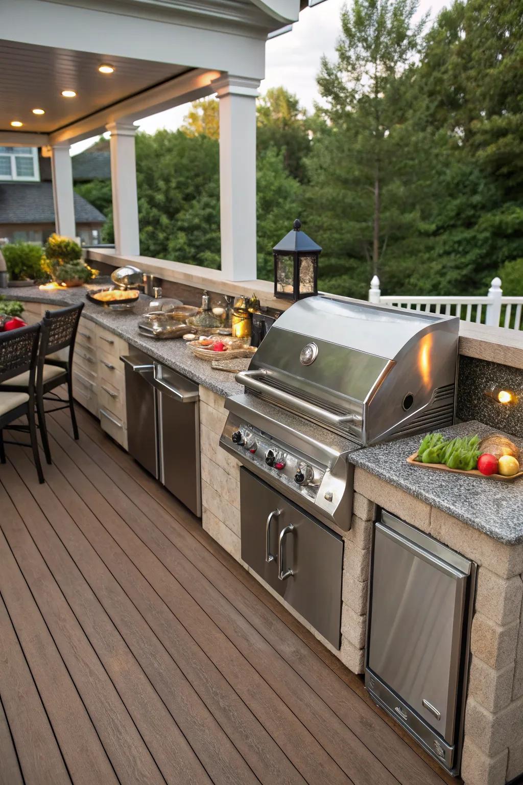A deck with an outdoor kitchen perfect for alfresco dining experiences.
