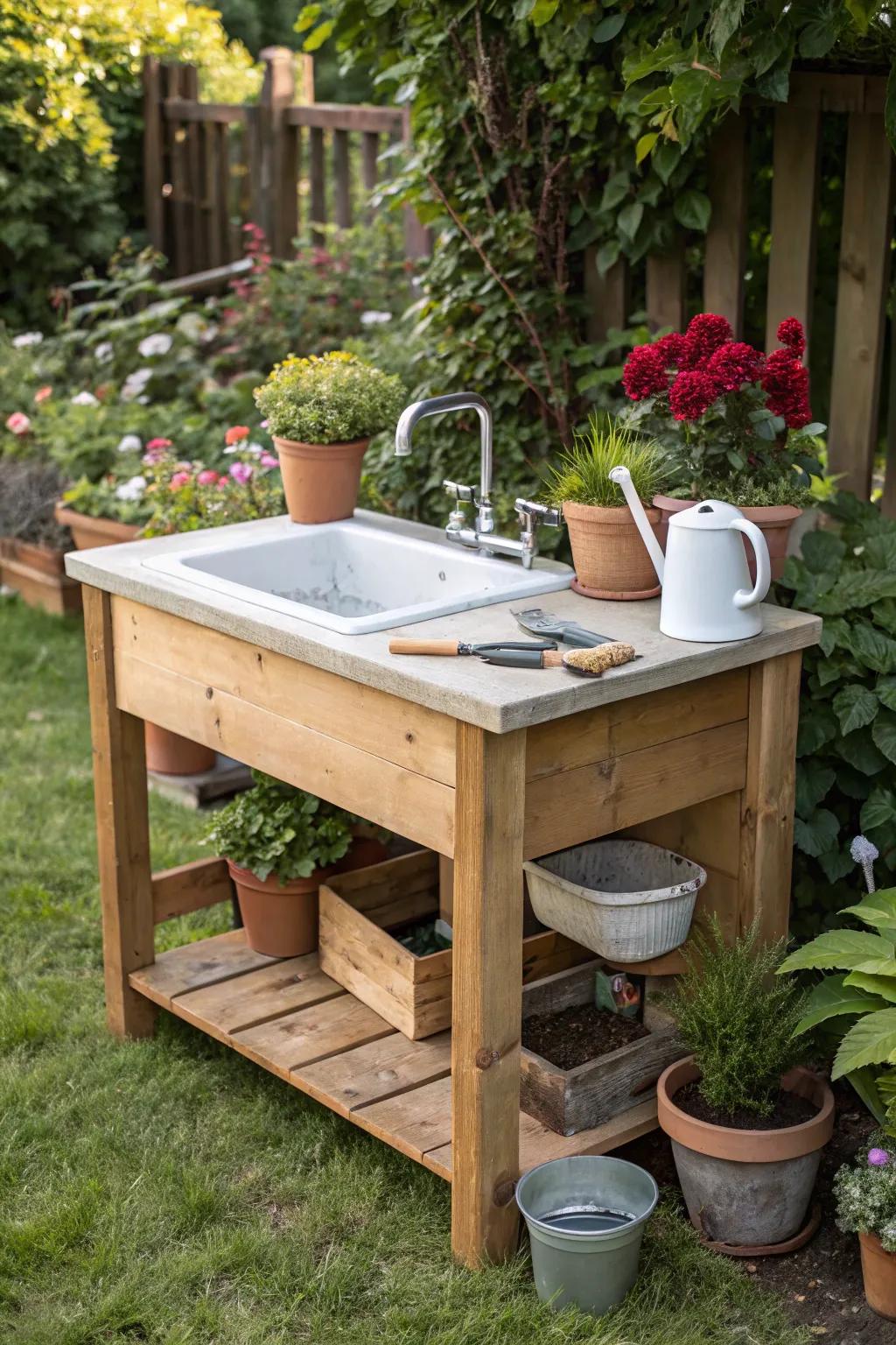 Cedar wood provides a durable and attractive base for outdoor sinks.